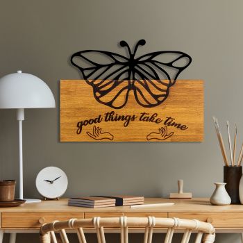 Decoratiune de perete lemn Butterfly 5, Nuc, 58x42x3 cm