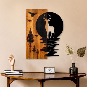 Decoratiune de perete lemn Deer and Moon, Nuc, 43x58x3 cm