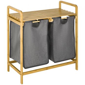 HOMCOM Cos de rufe din bambus , Cos de rufe cu raft, 2 saci pentru dormitor, baie, spalatorie, 64 x 33 x 73 cm, gri | AOSOM RO