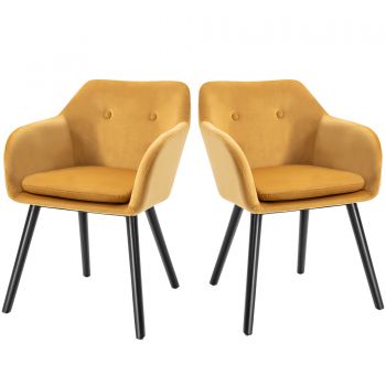 HOMCOM Set de 2 scaune pentru sufragerie cu cotiere, scaune pentru bucatarie tapitate cu catifea cu picioare din lemn, 54x56x74cm, galben
