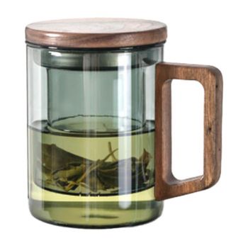 Cana cu infuzor, Quasar & Co.®, recipient pentru ceai/cafea, capac si maner, 400 ml, sticla borosilicata/lemn acacia, gri grafit ieftina