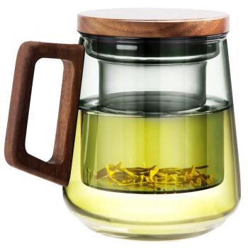 Cana cu infuzor, Quasar & Co.®, recipient pentru ceai/cafea, capac si maner, 500 ml, sticla borosilicata/lemn acacia, gri grafit ieftina