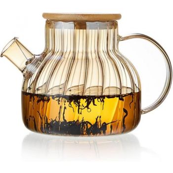 Ceainic, Quasar & Co.®, recipient pentru ceai/cafea cu filtru si capac, 950 ml, sticla borosilicata/bambus, amber ieftin