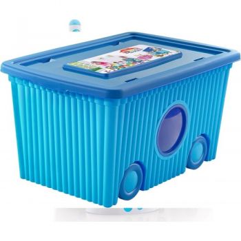 Cutie cu capac din plastic pentru depozitare jucarii cu roti Blue 40L ieftin