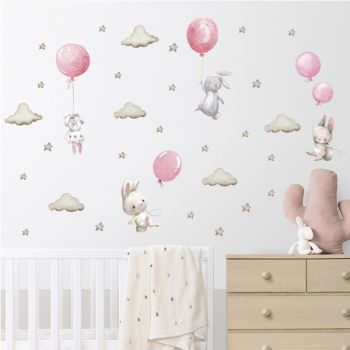 Sticker decorativ pentru copii autoadeziv Iepurasi cu baloane roz 70x49 cm ieftina