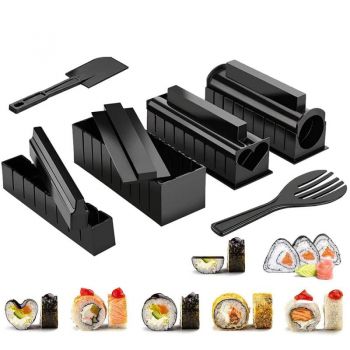 Set preparare sushi, Quasar & Co.®, 2 spatule si 8 forme diferite, plastic, negru