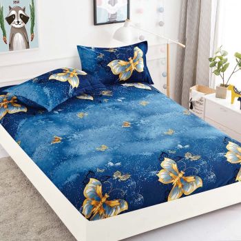 Husa de pat cu elastic din Bumbac Finet + 2 Fete de Perna, Albastru, Butterfies