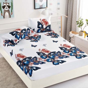Husa de pat cu elastic din Bumbac Finet + 2 Fete de Perna, Blue Butterflies