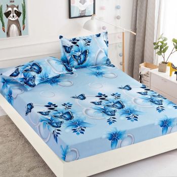 Husa de pat cu elastic din Bumbac Finet + 2 Fete de Perna, Fluturi Albastri