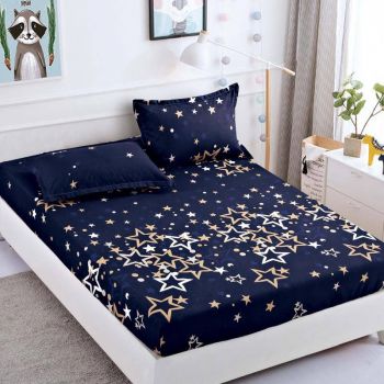 Husa de pat cu elastic din Bumbac Finet + 2 Fete de Perna, Golden Stars