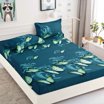 Husa de pat cu elastic din Bumbac Finet + 2 Fete de Perna, Green Butterflies