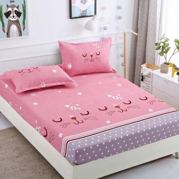 Husa de pat cu elastic din Bumbac Finet + 2 Fete de Perna, Pink Cats