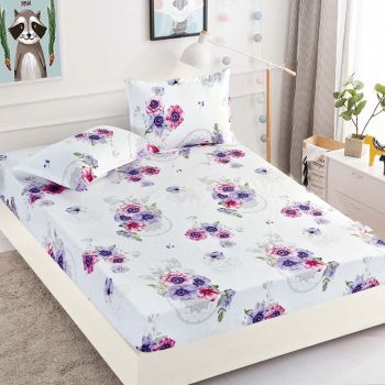 Husa de pat cu elastic din Bumbac Finet + 2 Fete de Perna, Purple Flowers