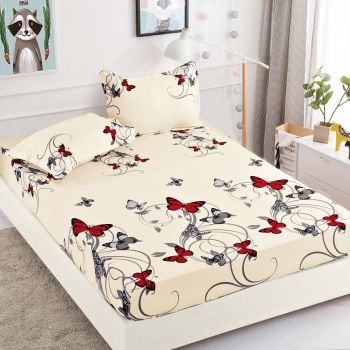 Husa de pat cu elastic din Bumbac Finet + 2 Fete de Perna, Red Butterflies