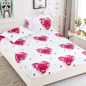 Husa de pat cu elastic din Bumbac Finet + 2 Fete de Perna, Trandafiri Roz
