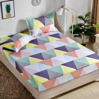 Husa de pat cu elastic din Bumbac Finet + 2 Fete de Perna, Triangles Muticolor