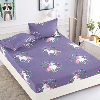 Husa de pat cu elastic din Bumbac Finet + 2 Fete de Perna, Unicorns