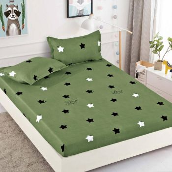 Husa de pat cu elastic din Bumbac Finet + 2 Fete de Perna, Verde Stelute