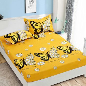 Husa de pat cu elastic din Bumbac Finet + 2 Fete de Perna, Yellow Butterflies