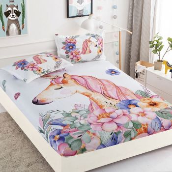 Husa de pat cu elastic + 2 Fete de Perna 160x200, Cute Unicorn