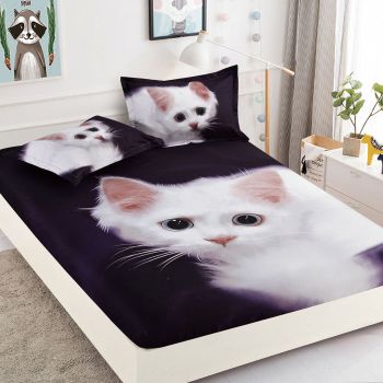 Husa de pat cu elastic + 2 Fete de Perna 160x200, Cute White Cat