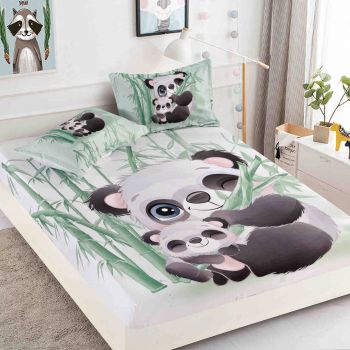 Husa de pat cu elastic + 2 Fete de Perna 160x200 , Panda Mom With Baby