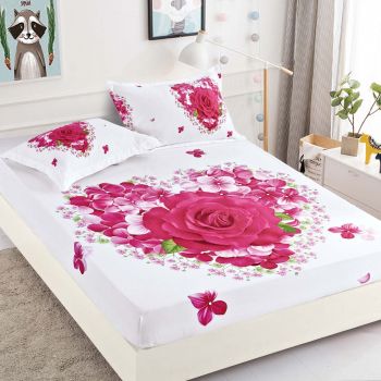 Husa de pat cu elastic + 2 Fete de Perna 160x200, Pink Roses ieftin