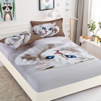 Husa de pat cu elastic + 2 Fete de Perna 160x200, White Cat