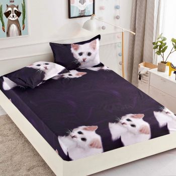 Husa de pat cu elastic din Bumbac Finet + 2 Fete de Perna, Mov Cu Pisica Alba