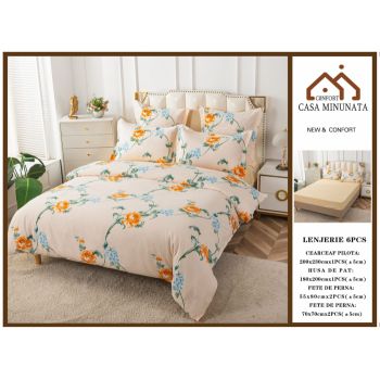 Lenjerie de pat din Bumbac Finet, Cearceaf cu Elastic - Blue Orange Flowers la reducere
