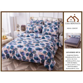 Lenjerie de pat din Bumbac Finet, Cearceaf cu Elastic - Buline Bleu