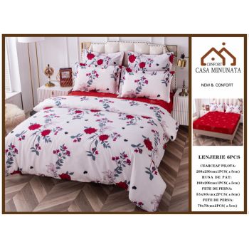 Lenjerie de pat din Bumbac Finet, Cearceaf cu Elastic - Flori Rosii ieftin