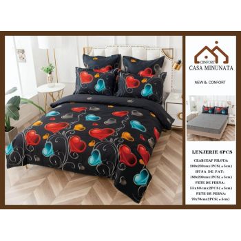 Lenjerie de pat din Bumbac Finet, Cearceaf cu Elastic - Inimi Colorate