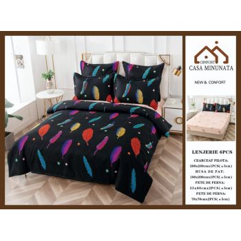 Lenjerie de pat din Bumbac Finet, Cearceaf cu Elastic - Pene Colorate