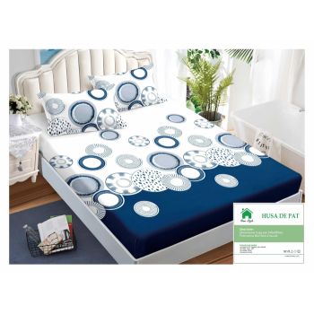 Husa de pat cu elastic 140x200 din Bumbac Finet + 2 Fete de Perna - Alb Albastru