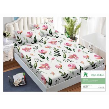 Husa de pat cu elastic 140x200 din Bumbac Finet + 2 Fete de Perna - Alb Cu Flori Roz ieftin