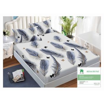 Husa de pat cu elastic 140x200 din Bumbac Finet + 2 Fete de Perna - Alb Cu Pene Albastre