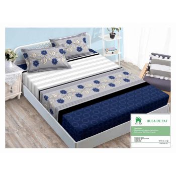 Husa de pat cu elastic 140x200 din Bumbac Finet + 2 Fete de Perna - Alb Gri Albastru