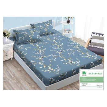 Husa de pat cu elastic 140x200 din Bumbac Finet + 2 Fete de Perna - Albastru Cu Floricele Albe ieftin