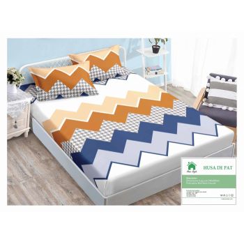 Husa de pat cu elastic 140x200 din Bumbac Finet + 2 Fete de Perna - Albastru Portocaliu Alb