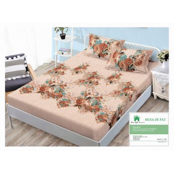 Husa de pat cu elastic 140x200 din Bumbac Finet + 2 Fete de Perna - Bej Cu Flori la reducere