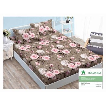 Husa de pat cu elastic 140x200 din Bumbac Finet + 2 Fete de Perna - Bej Cu Trandafiri Roz ieftin