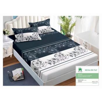 Husa de pat cu elastic 140x200 din Bumbac Finet + 2 Fete de Perna - Bleumarin Alb ieftin