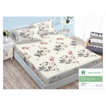 Husa de pat cu elastic 140x200 din Bumbac Finet + 2 Fete de Perna - Crem Cu Flori