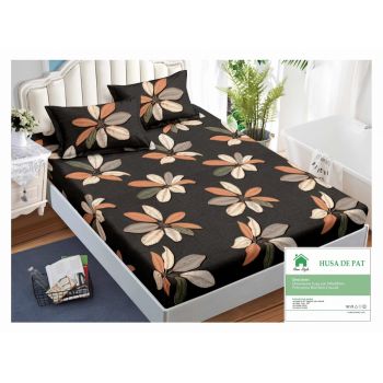 Husa de pat cu elastic 140x200 din Bumbac Finet + 2 Fete de Perna - Flowers
