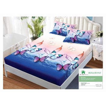 Husa de pat cu elastic 140x200 din Bumbac Finet + 2 Fete de Perna - Fluturi Colorati