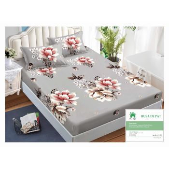 Husa de pat cu elastic 140x200 din Bumbac Finet + 2 Fete de Perna - Gri Cu Trandafiri