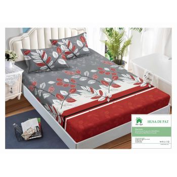 Husa de pat cu elastic 140x200 din Bumbac Finet + 2 Fete de Perna - Gri Rosu Alb ieftin