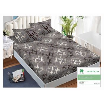 Husa de pat cu elastic 140x200 din Bumbac Finet + 2 Fete de Perna - Hexagoane Gri