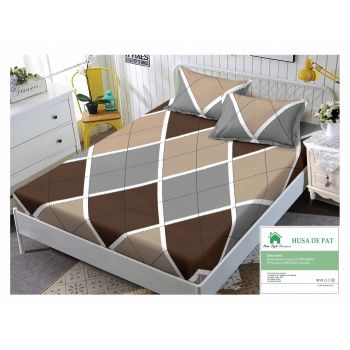 Husa de pat cu elastic 140x200 din Bumbac Finet + 2 Fete de Perna - Maro Gri Crem